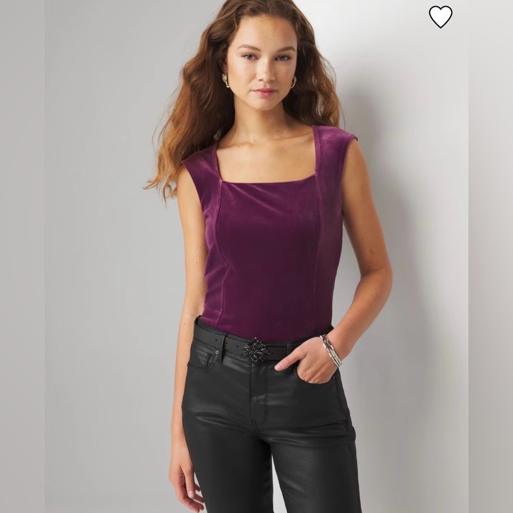 WHBM White House Black Market Plum Purple Velvet Square Neck Cap Sleeve Top NWT
